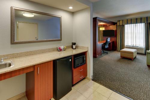 印第安纳波利斯印第安纳波利斯机场汉普顿套房酒店的一个带水槽和镜子的厨房