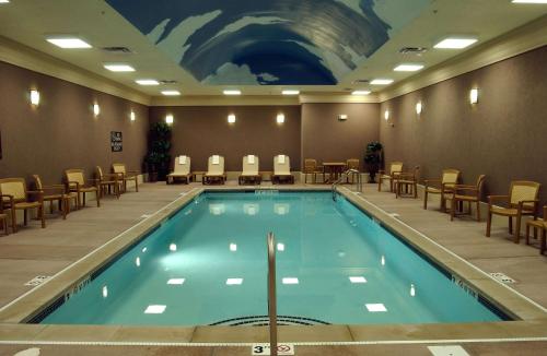 印第安纳波利斯印第安纳波利斯市中心希尔顿惠庭套房酒店的一个带椅子和壁画的大型游泳池
