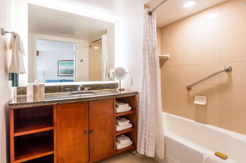 卡森卡森希尔顿逸林酒店的一间带水槽、浴缸和淋浴的浴室