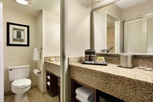 兰开斯特兰开斯特希尔顿逸林度假酒店的一间带卫生间、水槽和镜子的浴室