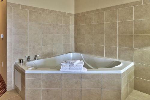 拉斯克鲁塞斯拉斯克鲁塞斯希尔顿花园酒店的浴室配有带毛巾的浴缸。