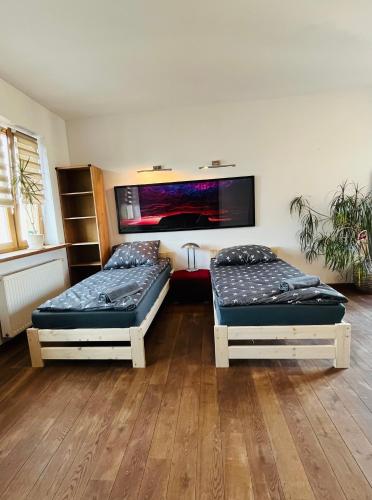华沙Warszawa Bemowo Pokoje的客房设有两张床和一台墙上的电视。