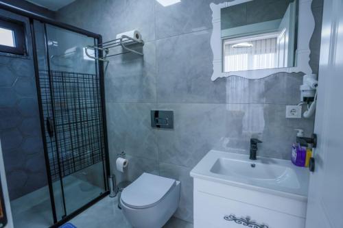 萨潘贾Zümrüt Villaları的浴室配有卫生间、盥洗盆和淋浴。
