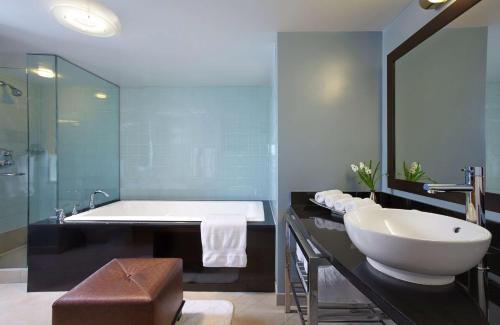 纽约纽约希尔顿俱乐部酒店的一间带大浴缸和水槽的浴室