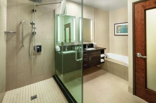 克莱蒙特克莱尔蒙特希尔顿逸林酒店的一间带玻璃淋浴和水槽的浴室