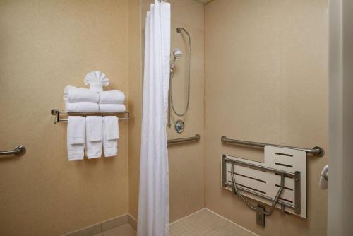 纽波特纽斯Hampton Inn Newport News-Yorktown的带淋浴和白色毛巾的浴室