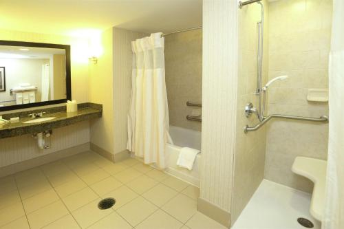 萨福克切萨皮克/萨福克希尔顿花园酒店的带淋浴和盥洗盆的浴室