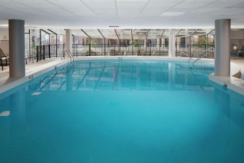 南本德南本德双树希尔顿酒店的大楼内一个蓝色的大型游泳池