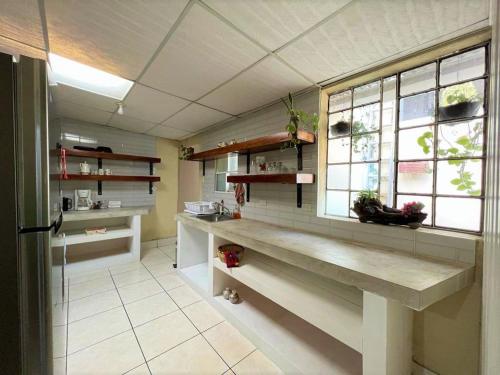 ChimaltenangoCOZY Fully equipped private apartment的厨房配有柜台和植物窗户