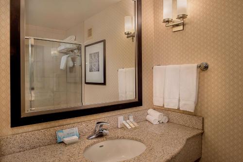 伯克利圣路易斯机场希尔顿花园酒店的浴室配有盥洗盆、镜子和毛巾