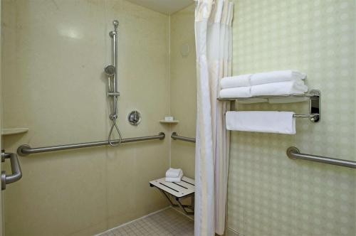 圣罗莎索诺玛郡机场希尔顿花园酒店的带淋浴、卫生间和毛巾的浴室
