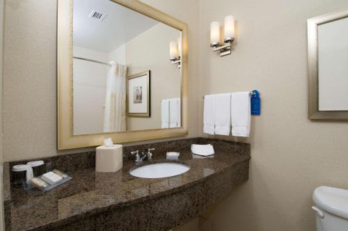 维斯坦顿城芒特霍利/西安普敦希尔顿花园旅馆的一间带水槽和镜子的浴室