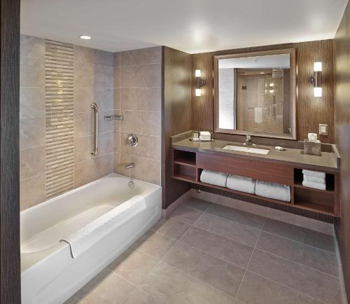 埃德蒙顿西埃德蒙顿希尔顿逸林酒店的带浴缸、水槽和镜子的浴室