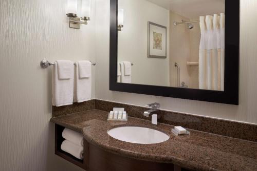 米西索加多伦多西机场/密西沙加希尔顿花园酒店的浴室配有盥洗盆、镜子和毛巾