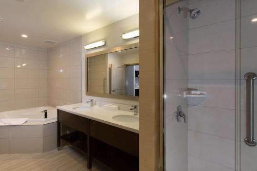 劳埃德明斯特劳埃德明斯特希尔顿汉普顿酒店的一间带水槽、镜子和淋浴的浴室