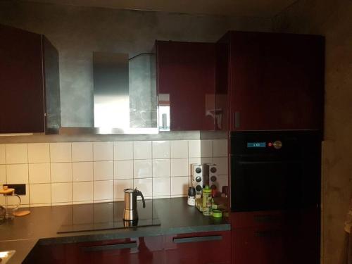 不来梅港Ferienwohnung `Ton Utkiek`的厨房配有红色橱柜和黑色冰箱