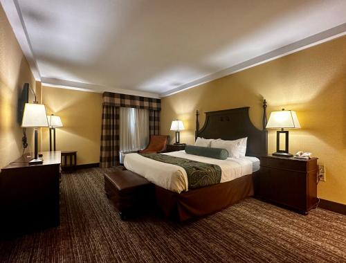 哈里斯堡哈里斯堡赫希红狮酒店的酒店客房设有一张大床和两盏灯。