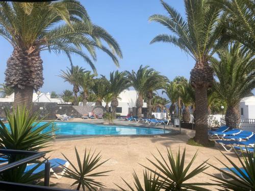 科斯塔特吉塞One bedroom bungalow Playa Bastian Costa Teguise的一个带棕榈树和躺椅的度假游泳池