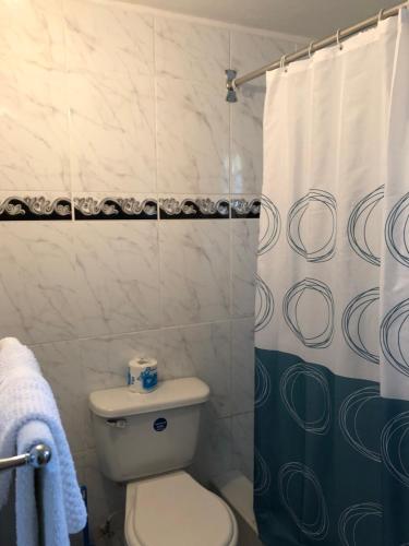 欧丘里欧GoldenView Guesthouse Ocho Rios的一间带卫生间和淋浴帘的浴室