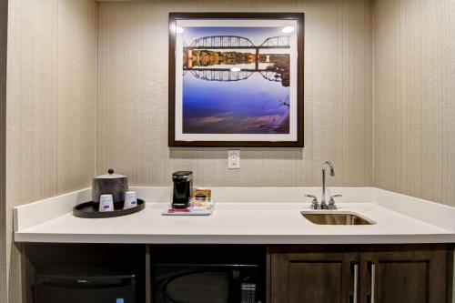 萨斯卡通希尔顿萨斯卡通机场汉普顿套房酒店的一个带水槽的厨房台面和墙上的照片
