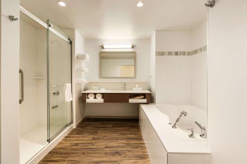 舍伍德帕克埃德蒙顿/舍伍德帕克希尔顿汉普顿酒店 的白色的浴室设有水槽和淋浴。