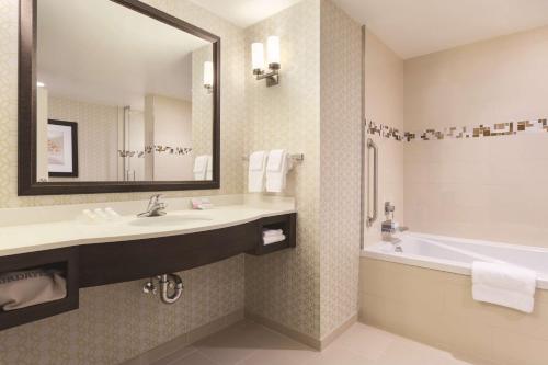 沃灵福德梅里登瓦林福德希尔顿花园酒店的一间带水槽、浴缸和镜子的浴室