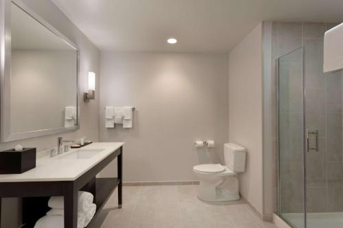 奥拉西Embassy Suites by Hilton Kansas City Olathe的浴室配有卫生间、盥洗盆和淋浴。