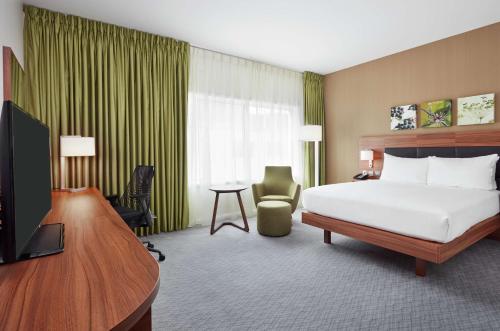 桑德兰桑德兰希尔顿花园酒店的酒店客房配有一张床、一张书桌和一台电视。