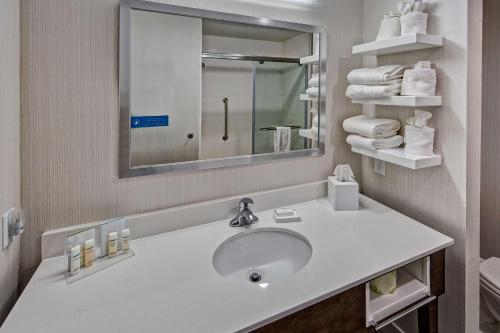 萨默维尔萨默维尔SC汉普顿酒店的浴室配有盥洗盆、镜子和毛巾