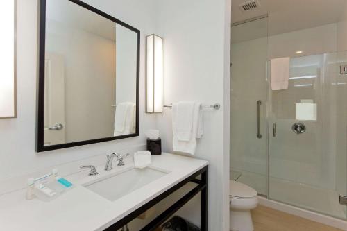 马丁斯堡马丁斯堡希尔顿花园酒店的白色的浴室设有水槽和淋浴。