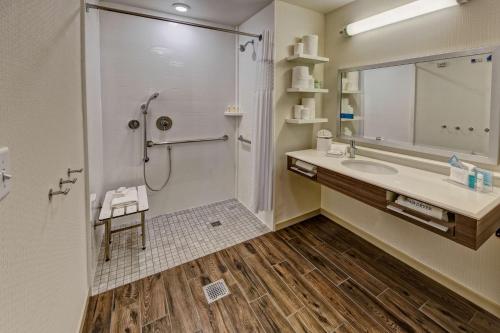 亨德森维尔Hampton Inn & Suites By Hilton Nashville Hendersonville Tn的带淋浴、盥洗盆和镜子的浴室