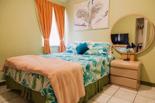 SavanetaBlue Sky Residence Aruba的一间卧室配有一张床、镜子和电视