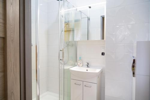奥斯特罗维茨Apartament przy Rynku的白色的浴室设有水槽和淋浴。
