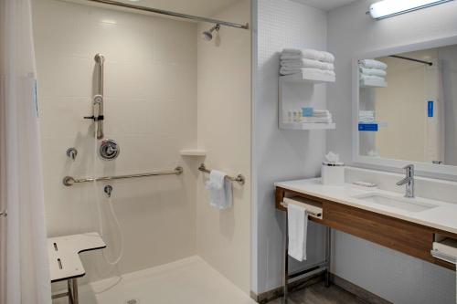 弗拉格斯塔夫弗拉格斯塔夫东汉普顿套房酒店 的白色的浴室设有水槽和淋浴。