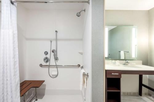 费耶特维尔Homewood Suites By Hilton Fayetteville的带淋浴和盥洗盆的浴室