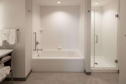 赫斯特Hilton Garden Inn Dallas At Hurst Conference Center的白色的浴室设有浴缸和淋浴。