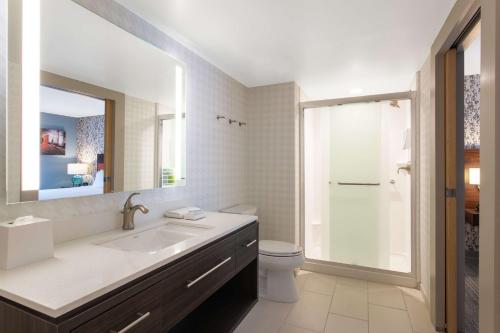 史密斯菲尔德Home2 Suites Smithfield Providence的一间带水槽、卫生间和镜子的浴室