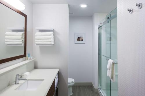 布尔里奇芝加哥伯尔里奇汉普顿套房酒店 的白色的浴室设有水槽和淋浴。
