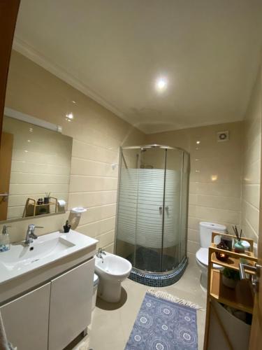 艾西拉Asilah marina golf的带淋浴、卫生间和盥洗盆的浴室