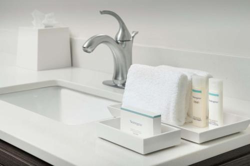 亚特兰大Home2 Suites by Hilton Atlanta Midtown的浴室柜台配有水槽和毛巾