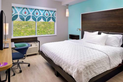 斯汤顿Tru By Hilton Staunton的一间卧室配有一张床、一张书桌和一个窗户。