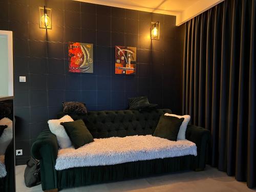 波兹南Towarowa - Milionowa 39 Check-in 24H的客厅配有带枕头的绿色沙发