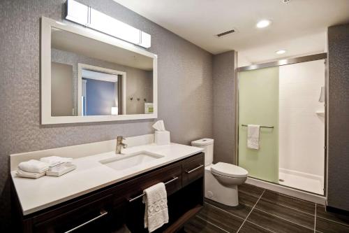 乔治城Home2 Suites By Hilton Georgetown的一间带水槽、卫生间和镜子的浴室