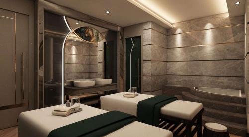 阿菲永Doubletree By Hilton Afyonkarahisar的一间带两张床和浴缸的浴室