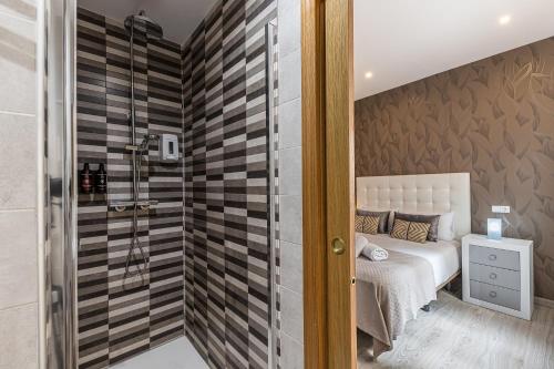 马德里BNBHolder Apartamentos en Sol Confort 9的一间带一张床和淋浴的小卧室