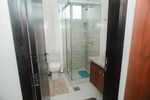 圣克鲁斯Downtown Apartments "Altos del Sur"的一间带卫生间和玻璃淋浴间的浴室