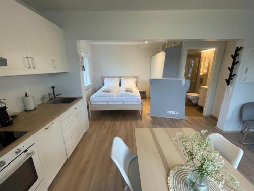 惠拉盖尔济Cosy Studio Apartment的一间带一张床的房间和一间带桌子的厨房