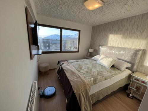 El ColoradoSki in-out Apartment in El Colorado的一间卧室设有一张带电视和窗户的床。