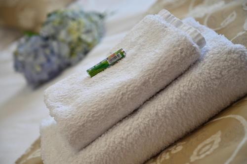 LudbregApartmani Lucija的床上的一大堆毛巾,上面有绿色针头