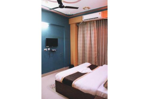 珀勒德布尔The Hotel Raj Palace的一间酒店客房,配有一张床和一台电视